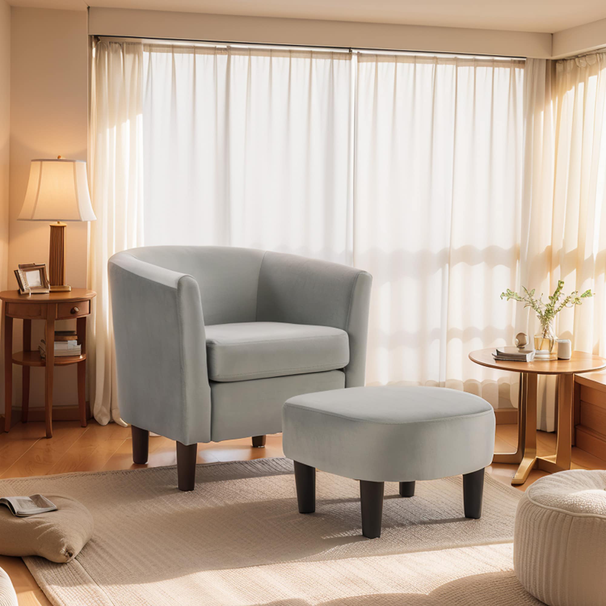 Velvet Accent Chair With Ottoman, Modern Barrel Chair Armchair For Living Room, Bedroom, Gray_maomaolike.com